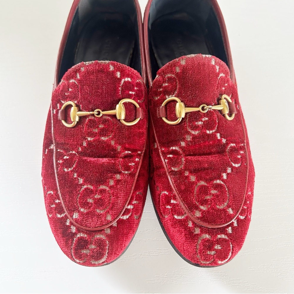 Gucci Jordaan Horsebit Loafers Red GG Velvet EU 36.5 US 6.5 - Picture 6 of 16